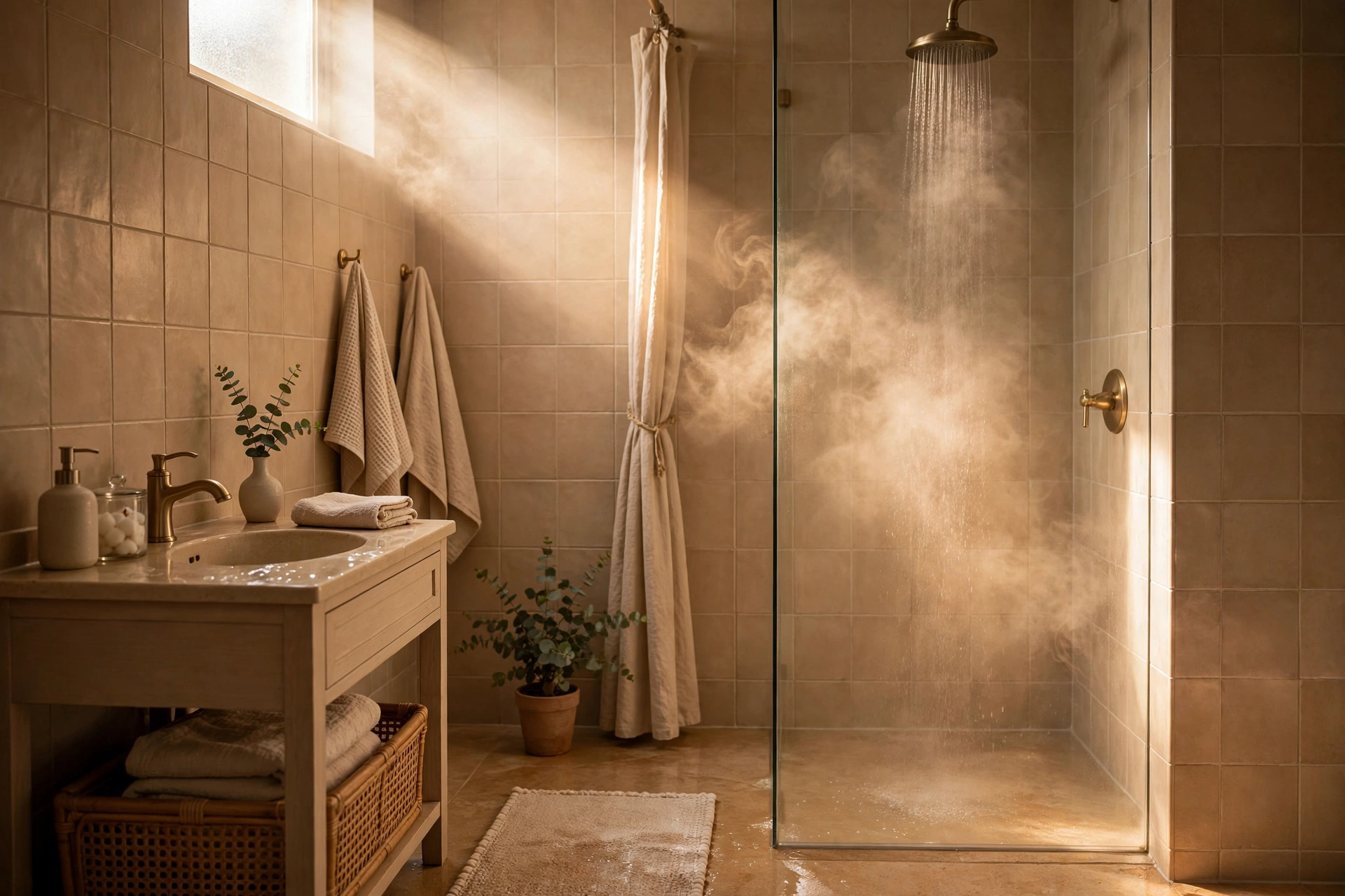 A warm shower running in soft morning light