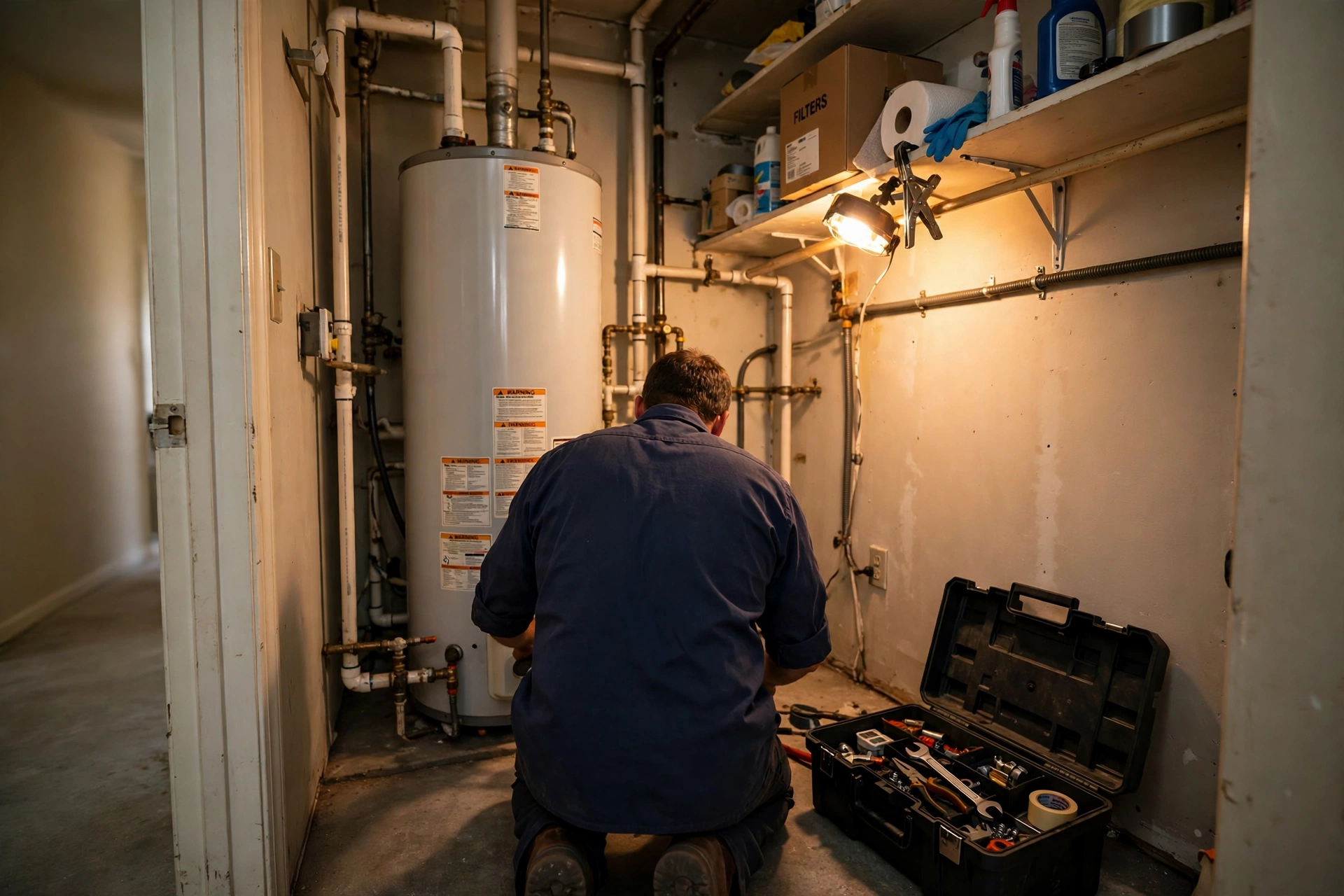 A technician servicing a water heater in a home utility room