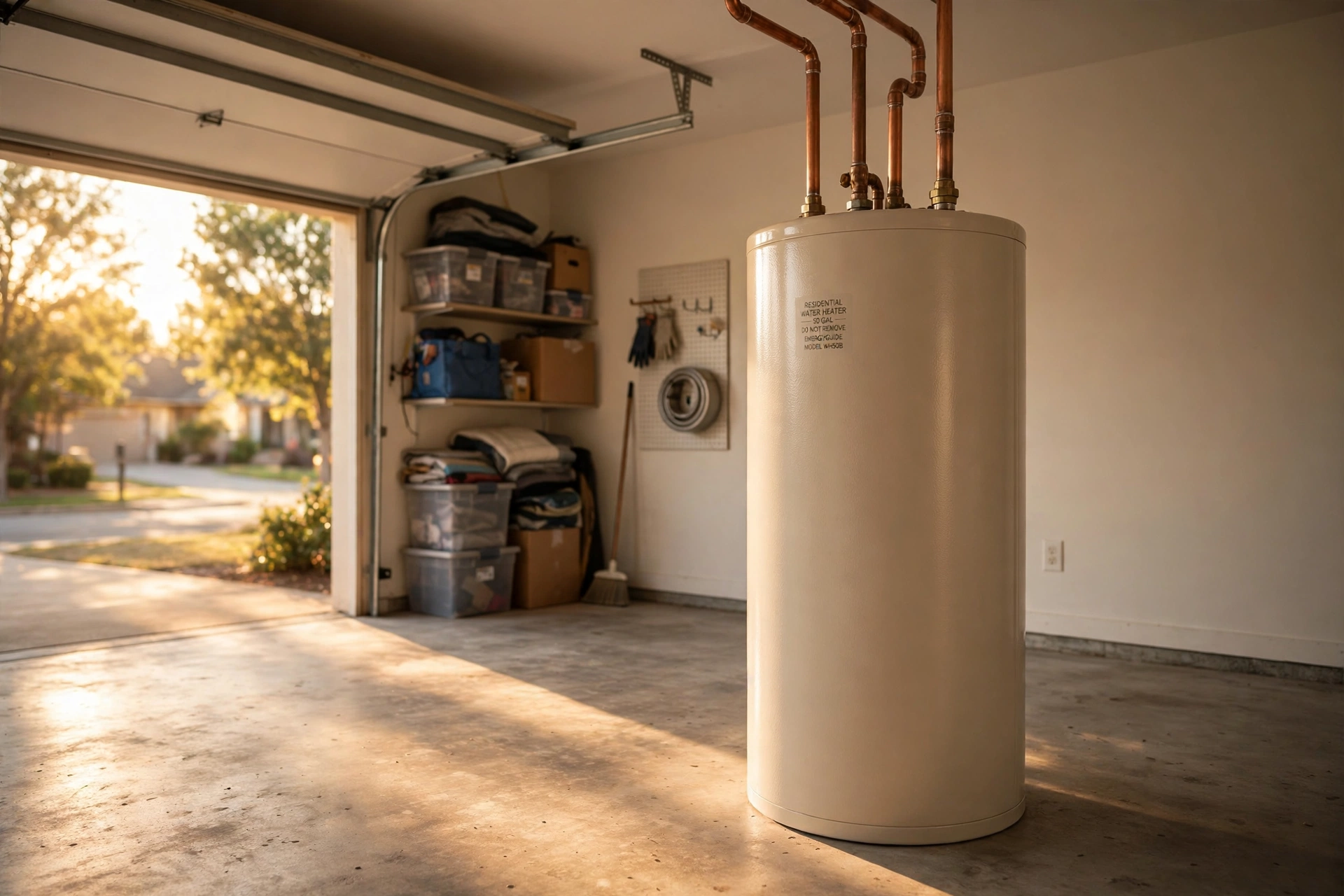A residential water heater installed in a clean garage